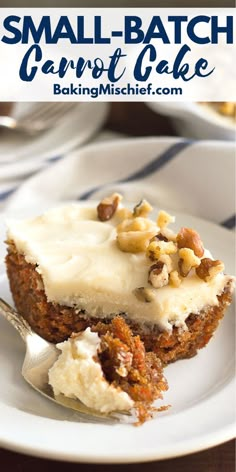 small batch carrot cake with cream cheese frosting and walnuts on top, sitting on a white plate