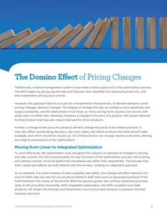 the domino effect pricing changes brochure is shown in blue and white, with wooden planks surrounding it