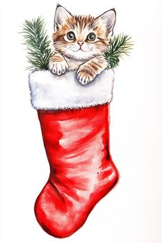 a watercolor drawing of a cat in a christmas stocking with pine needles on top