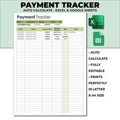 the payment tracker is shown in green and white, with text that reads payment tracker auto - calculate excel & google sheets