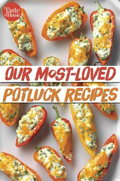 the cover of our most - loved potluck recipes, with an image of stuffed peppers