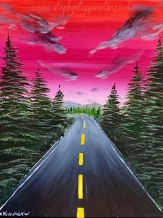 an acrylic painting of a road with pine trees on both sides and pink sky in the background