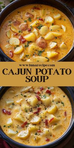 two bowls of cajun potato soup on a table