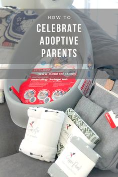 an assortment of diapers sitting on top of a couch with the title how to celebrate adotive parents