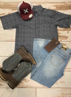 Outfit is shown laying flat on wooden background Mens Western Outfits, Takuache Outfits Guys, Cowboy Outfit For Men, Light Wash Bootcut Jeans, Baby Cowboy Boots, Mens Western Wear, Western Outfits Men