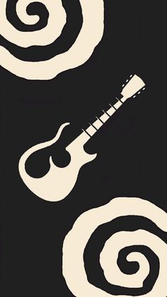 an illustration of a guitar and spirals on a black background