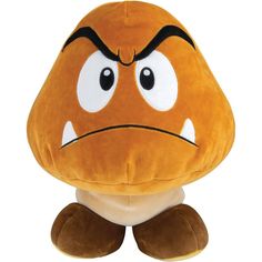 an orange stuffed animal with big eyes and a frown on its face, sitting down