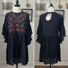 New With Tags, Umgee Black Embroidered Dress With Half Trumpet Sleeves. Lined. Back Keyhole Button Closure And Spare Button Included With The Tags. Laying Flat Measures Approximately 33 Inches Shoulder To Hem, 18 Inches Armpit To Armpit And 18 Inches Straight Across The Waist. Size Small. Rayon And Polyester Blend. Black Embroidered Short Sleeve Maxi Dress, Black V-neck Embroidered Dress For Vacation, Folk Style V-neck Dress With Embroidered Hem, Trumpet Sleeve Dress, Black V-neck Embroidered Dress With Embroidered Hem, Black Embroidered V-neck Mini Dress, Trumpet Sleeves, Black Embroidered Dress, Umgee Dress