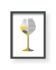 a white and yellow wine glass in a black frame on a white background with the word,