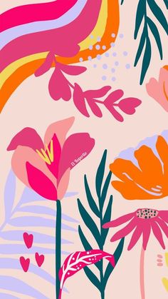 an illustration of flowers and leaves on a pink background