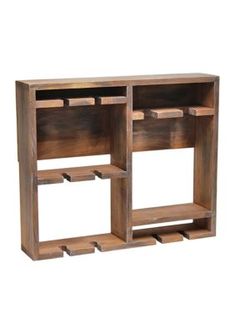 a wooden shelf with three open compartments