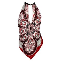 Presenting a fabulous red paisley bandana print Gucci halterneck scarf top, designed by Tom Ford. From the 2004 Cruise collection, this top features a plunging neckline, a brown leather halterneck, and is made complete with an exposed tie back. Covered in a red paisley print this sexy halterneck top is a must-have addition to any wardrobe! Approximate measurements: Size - removed Shoulder to hem: 31" Bust: free Waist: free Luxury Red Printed Tops, Red Bohemian Paisley Print Tops, Red Gucci Cotton Top, Red Paisley Print Cotton Top, Early 2000 Fashion, Designer Luxury Red Silk Scarf, Gucci By Tom Ford, Bandana Top, 00s Style