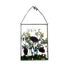 a glass hanging with flowers in it on a white wall and some plants growing out of the bottom