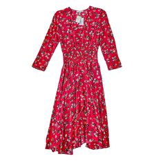 100% Viscose Size - 3 Bust - 17.5 Waist - 11.5 Length - 45 Red Floral Dress For Brunch, Red A-line Midi Dress For Brunch, Red A-line Dress For Brunch, Red Silk A-line Midi Dress, Red V-neck Dress For Casual Occasions, Spring Floral Print Silk Midi Dress, Red Midi Length Spring Dress, Red A-line Maxi Dress For Casual Occasions, Red Embroidered Midi Dress For Spring