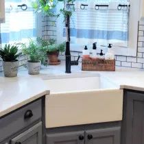 a kitchen sink sitting under a window next to a potted plant