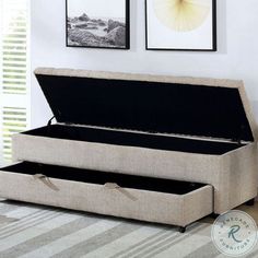 an upholstered storage bench in a living room