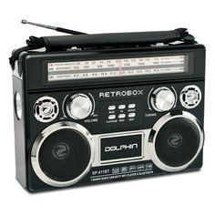 the radio is black and has silver trim on it's sides, with an antenna attached