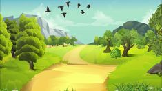 a painting of a dirt road in the middle of a green field with trees and birds flying over it