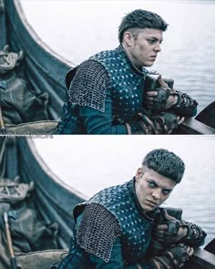 two pictures of a man in armor on a boat, one with gloves and the other without