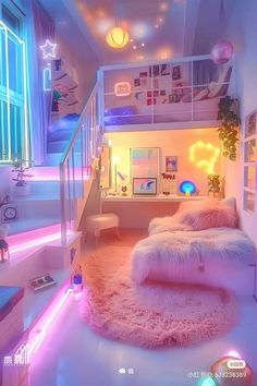 a bedroom with pink and blue lights on the ceiling, rugs and bedding