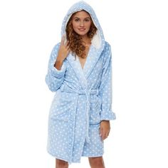 Unwind in this velour robe with high pile fleece lined hood.  Super comfy, cozy and soft.   This luxurious house robe features high pile fleece lining in the hood as well as two front pockets big enough for a smart phone and an inner tie to ensure the robe stays closed while you're active. Bridesmaid Belt, Fleece Plaid, One Piece Clothing, Hooded Robe, Printed Robe, Women's Robe, One Piece Pajamas, Womens Robes, Blue Polka Dots