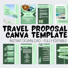 the travel brochure is shown with green and black text that reads, travel proposal canvas