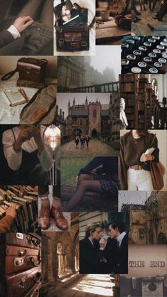 a collage of photos with people and suitcases in them, including an old building