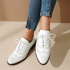 Shop White Round Toe Hollow out Wingtip Lace up Women's Oxford Shoes Dress Shoes color White for Anniversary, Date, School, Work with worldwide Free shipping & Free return. White Lace-up Shoes With Brogue Detailing, Spring Party Lace-up Leather Shoes, White Flat Heel Lace-up Office Shoes, Spring Lace-up Leather Shoes With Perforated Toe Box, White Lace-up Oxford Shoes, White Flat Heel Oxfords With Brogue Detailing, White Brogue Oxfords With Flat Heel, White Brogue Oxford Shoes With Flat Heel, Fitted Wingtip Lace-up Shoes For Spring