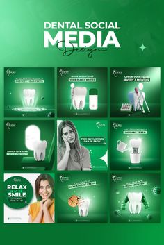 dental social media postcard design with green background and photoshopped toothbrushes