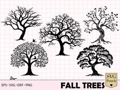 four tree silhouettes in different styles and colors, each with leaves on it's branches