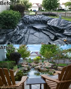 before and after pictures of a backyard pond with an overflowing cover on it