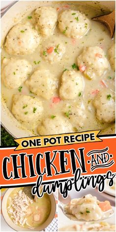 one pot chicken and dumplings recipe in a white bowl with the title overlay