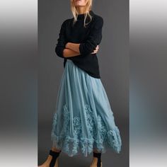 Anthropologie Ruffled Tulle Midi Maxi Skirt Elastic Waist Lined Sky Blue New Without Tags Size: S Retail Price $168 28 Inches Around Waist Relaxed 35 Inches Long Blue Ruffled Bottoms For Fall, Blue Full Skirt With Ruffles, Feminine Blue Tiered Skirt, Flowy Blue Feminine Skirt, Blue Full Skirt For Fall, Spring Blue Voluminous Skirt, Fall Blue Full Skirt, Chic Blue Bottoms With Tulle Skirt, Blue Flowy Feminine Skirt