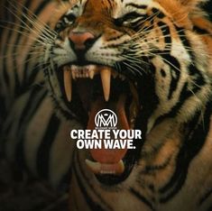 a tiger with its mouth open and the words create your own wave written on it