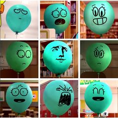 many different pictures of balloons with faces on them