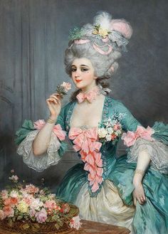 a painting of a woman sitting at a table with flowers in her hair and holding a flower