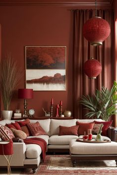 a living room filled with furniture and red lamps hanging from the ceiling over a white couch