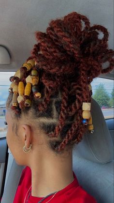 Senegalese Twists With Beads, Ginger Twist With Beads, Passion Twists Short With Beads, Red Hair With Beads, Spring Twist With Beads, Invisible Locs With Beads, Red Senegalese Twists, Short Senegalese Twists, Red Marley Twists