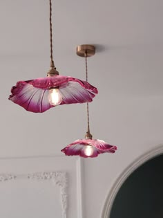 two pink lights hanging from the ceiling in a room with a mirror and door behind them