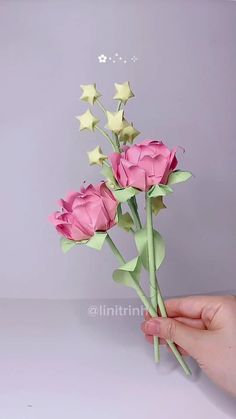 a hand is holding some pink roses with stars on them and the stems are green