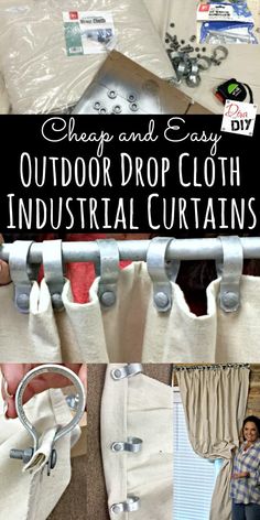 an outdoor drop cloth industrial curtain is shown with text overlay that says cheap and easy