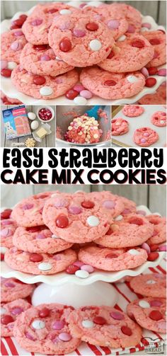 strawberry cake mix cookies are stacked on top of each other