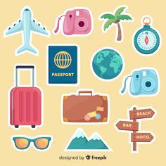 various travel stickers are arranged on a yellow background, including an airplane, map, passport, sunglasses and palm tree