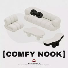 an ad for comfy nook furniture with black and white details on the back