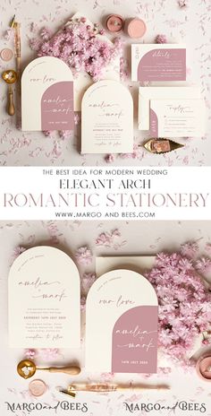 the wedding stationery is laid out on top of pink flowers