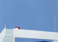 two red birds sitting on the edge of a white bridge with a blue sky in the background