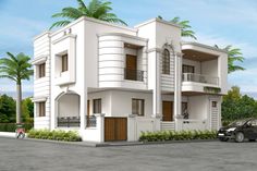 two story white building with balconies and palm trees