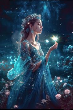 a woman in a blue dress holding a sparkler and looking up at the sky