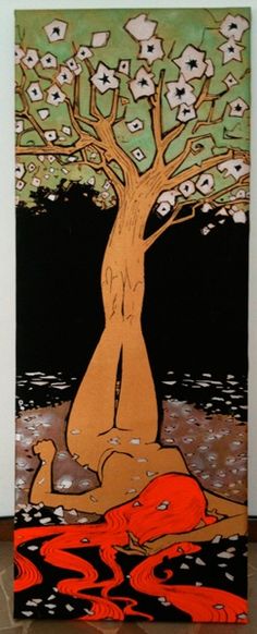 a painting with an orange and black tree on the ground next to a white wall