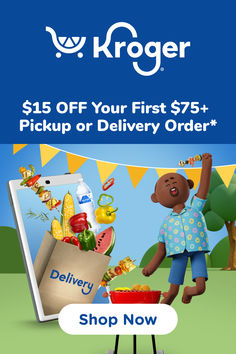 a teddy bear is holding up a box with food on it and the words $ 15 off your first $ 75 pickup or delivery order